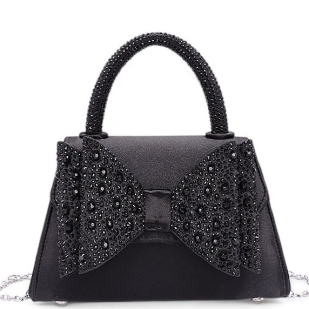 Vegan Leather Rhinestone Bow Top Handle Bag - Gold, Black, and Silver - Picture 2 of 8